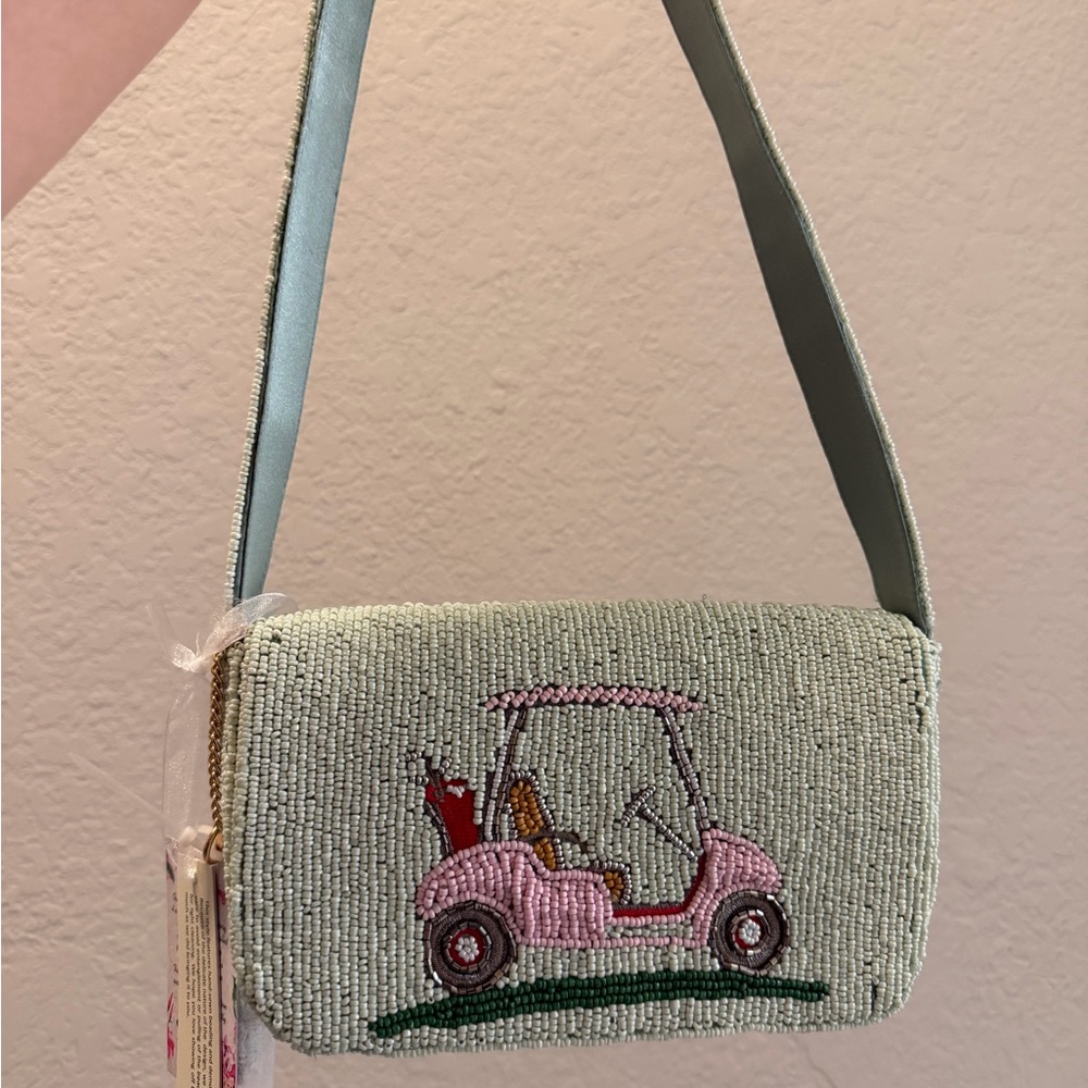 Viral Pink Golf Cart Beaded Shoulder Bag w/Golf Charm